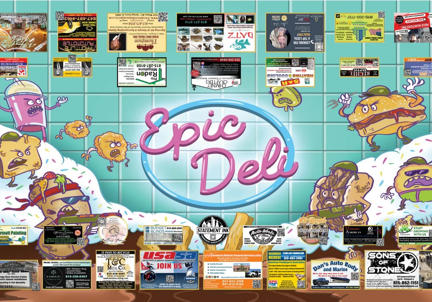 Epic Deli tabletop — playful illustrated characters on teal tile