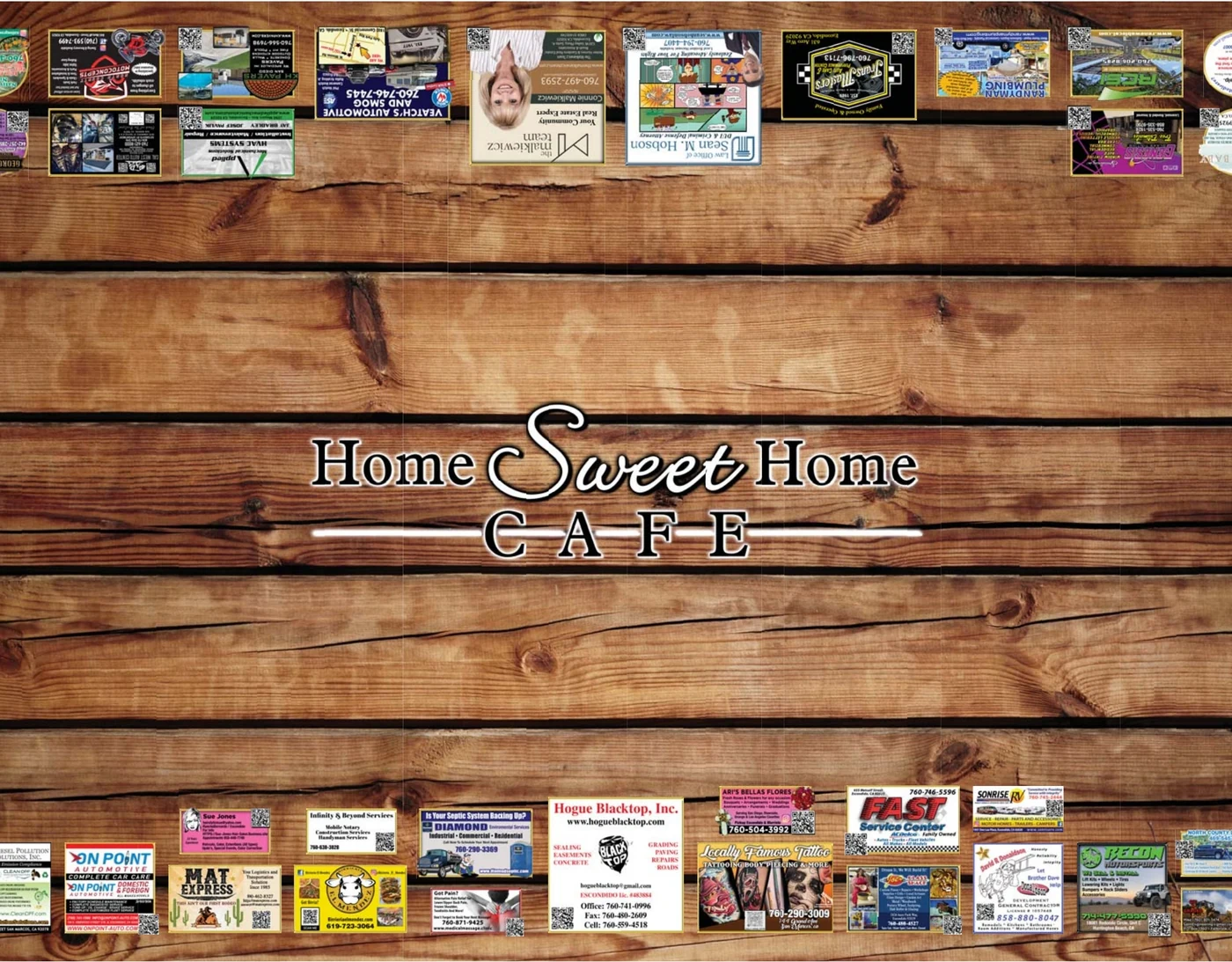 Home Sweet Home Cafe — elegant script on warm wood