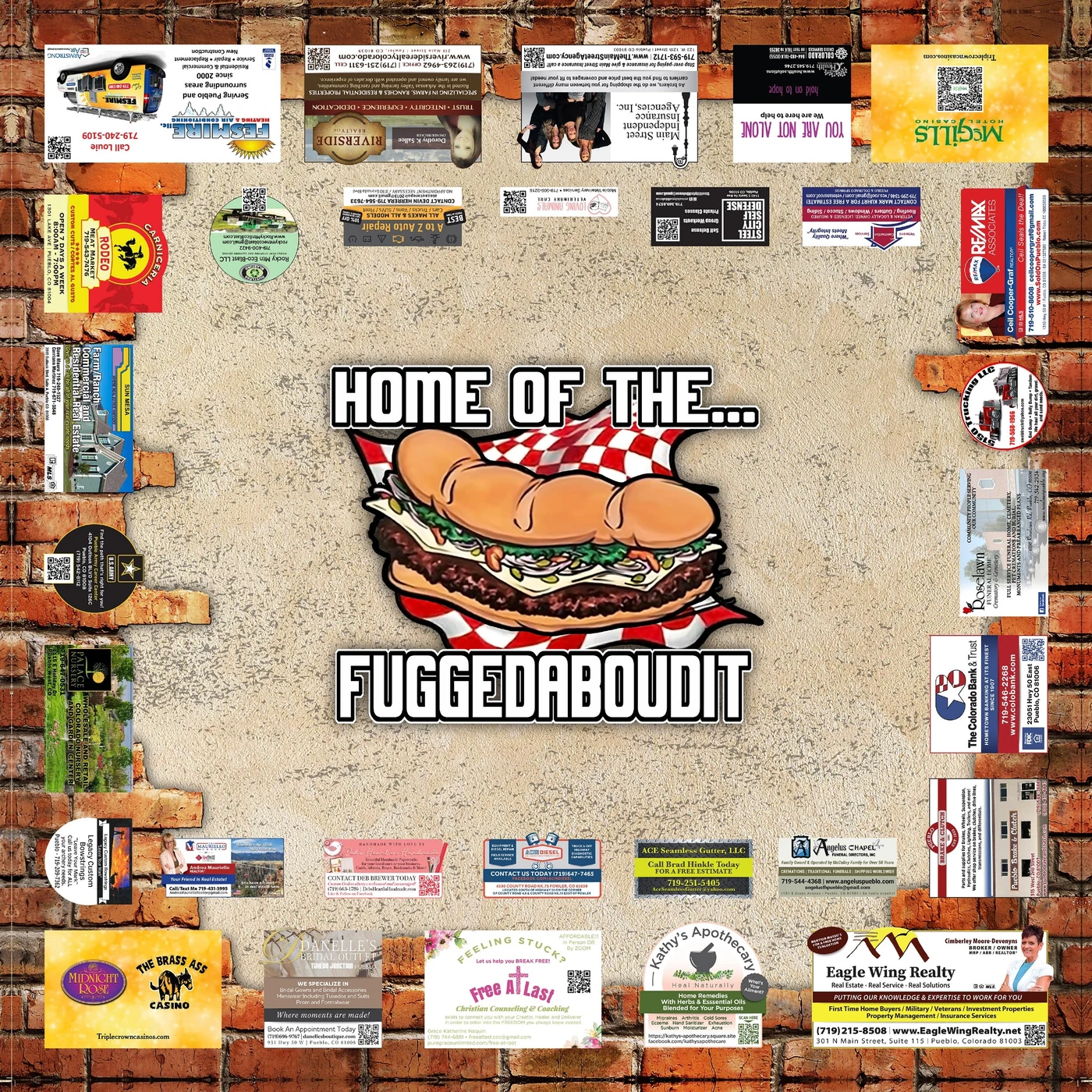 Musso's tabletop — Italian sandwich artwork on brick with 4-sided layout